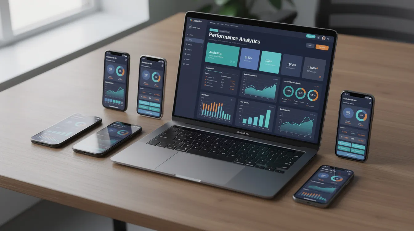 Smartphones and a laptop showing app screens