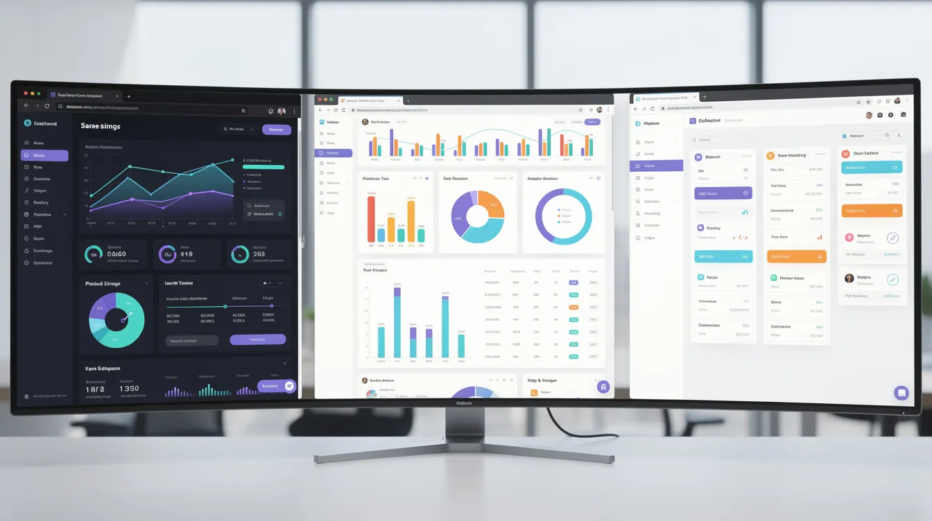 The image displays multiple browser windows arranged side by side, each showcasing different web application interfaces filled with vibrant dashboards and charts. These colorful visuals highlight the functionality of various web apps, suggesting tools for creating and managing ios and android apps with advanced features and data visualization capabilities.