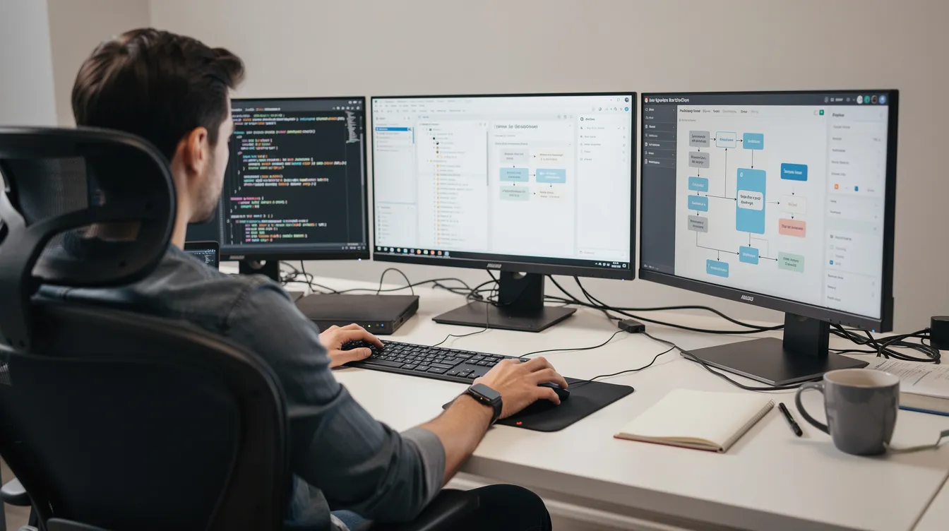 A developer comparing several app builders on multiple screens