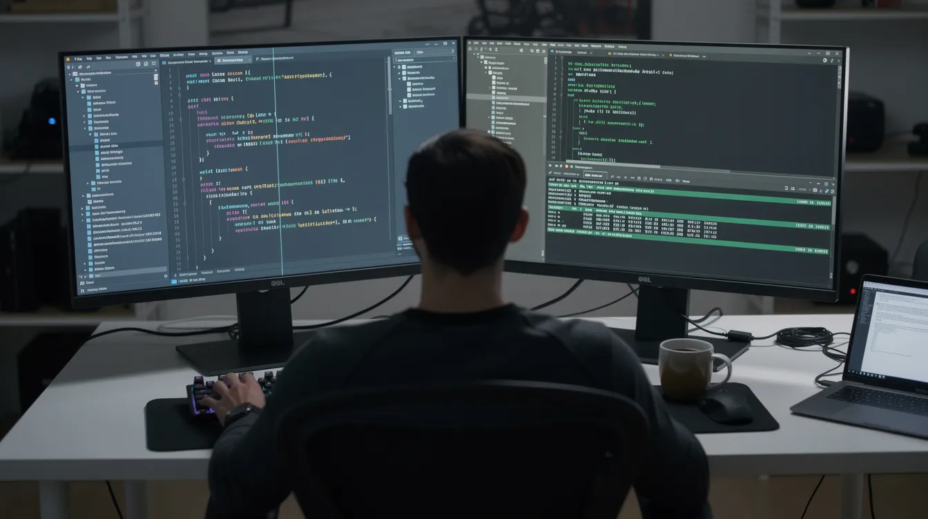 The image shows a developer seated at a desk, focused on two computer monitors displaying terminal windows and code editors, illustrating an environment rich in coding activity, possibly utilizing tools like Claude Code and Codex for enhanced code quality and project management. The setup reflects a modern coding workspace, conducive to tasks such as code review and executing complex tasks.