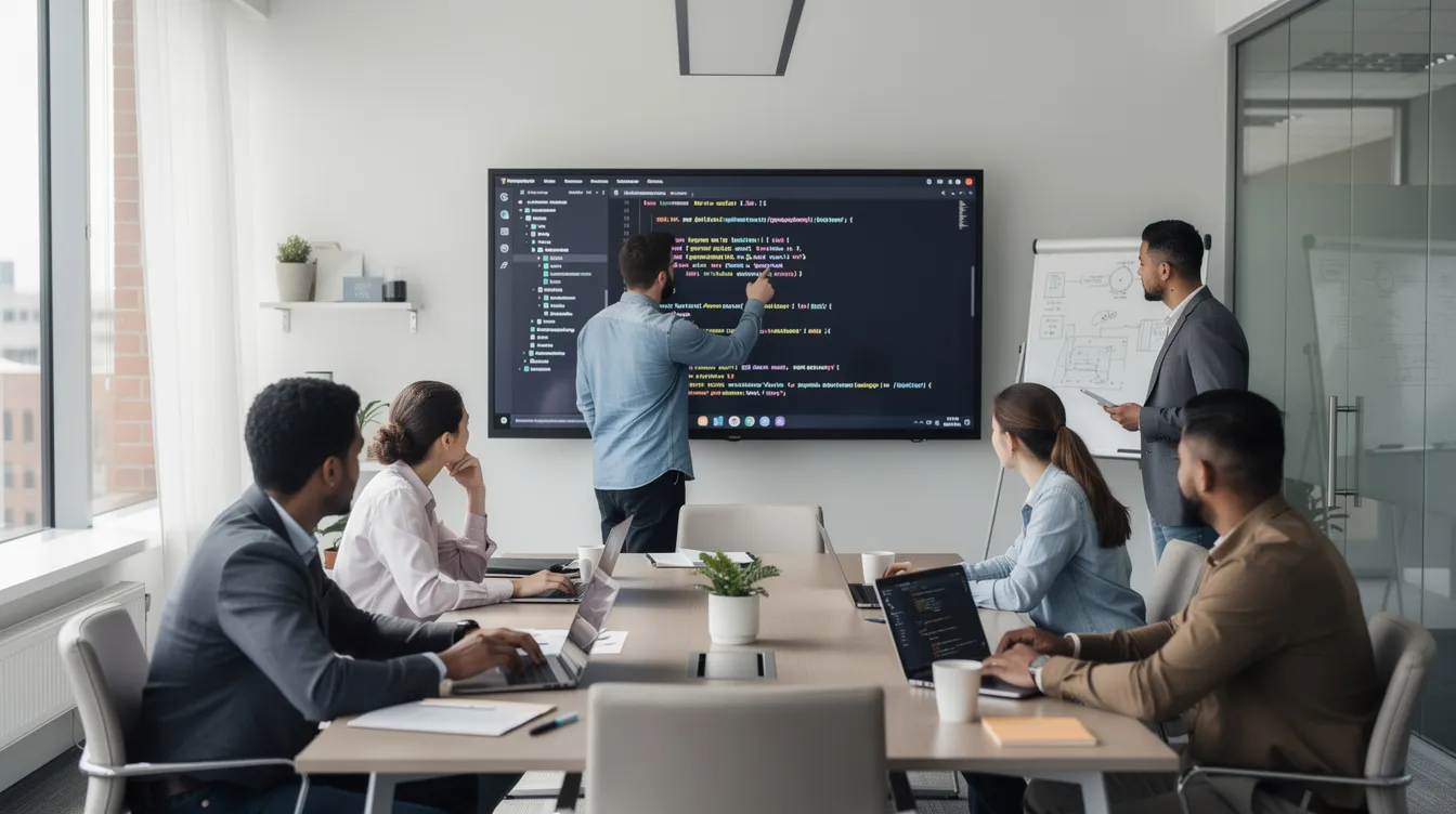 A team of developers reviewing code together