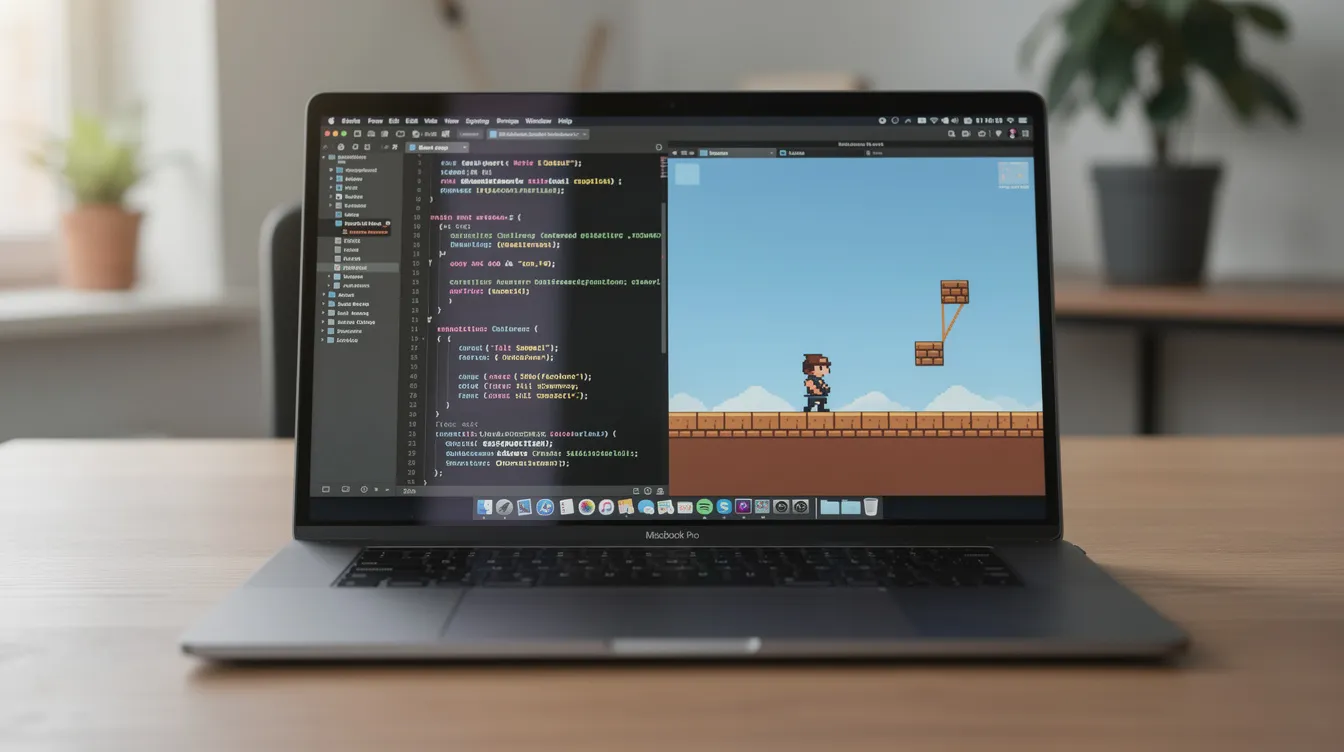 A laptop showing a code editor and a simple 2D game preview