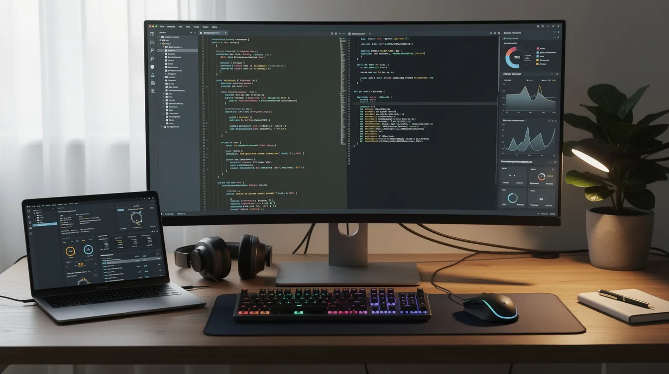 A workspace with several development tools open