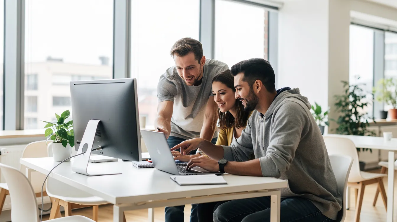 A small team of developers around a laptop