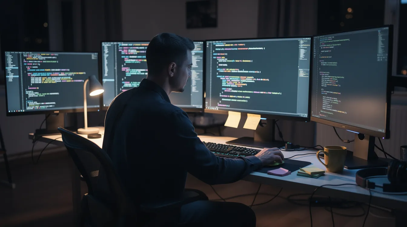 A developer surrounded by monitors showing code