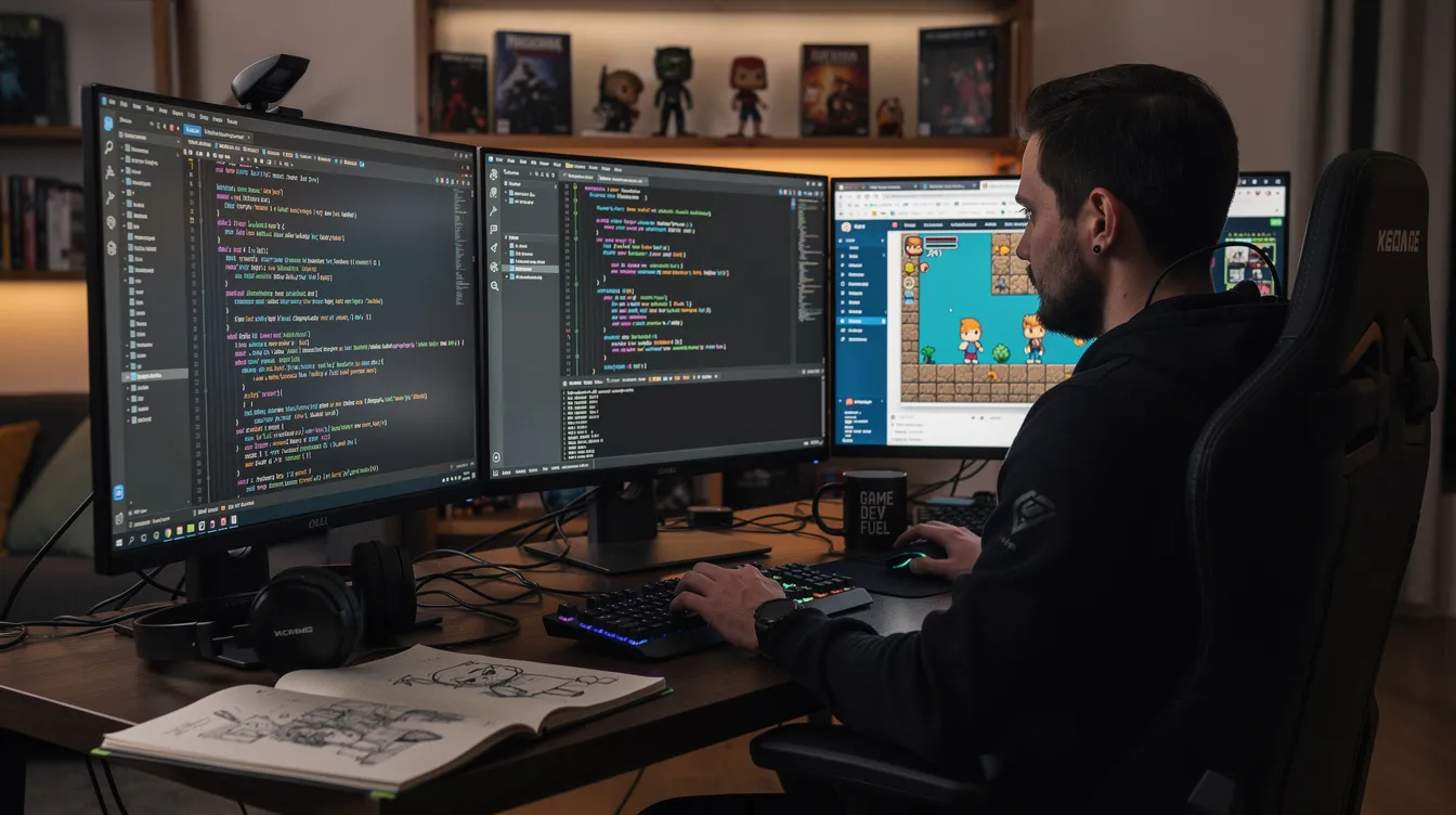 A developer working on a game at a multi-monitor desk