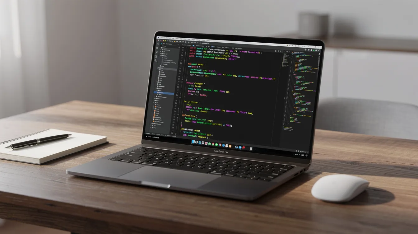 An open laptop showing a code editor with syntax highlighting