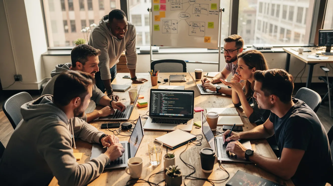 A group of developers working on laptops around a workshop table