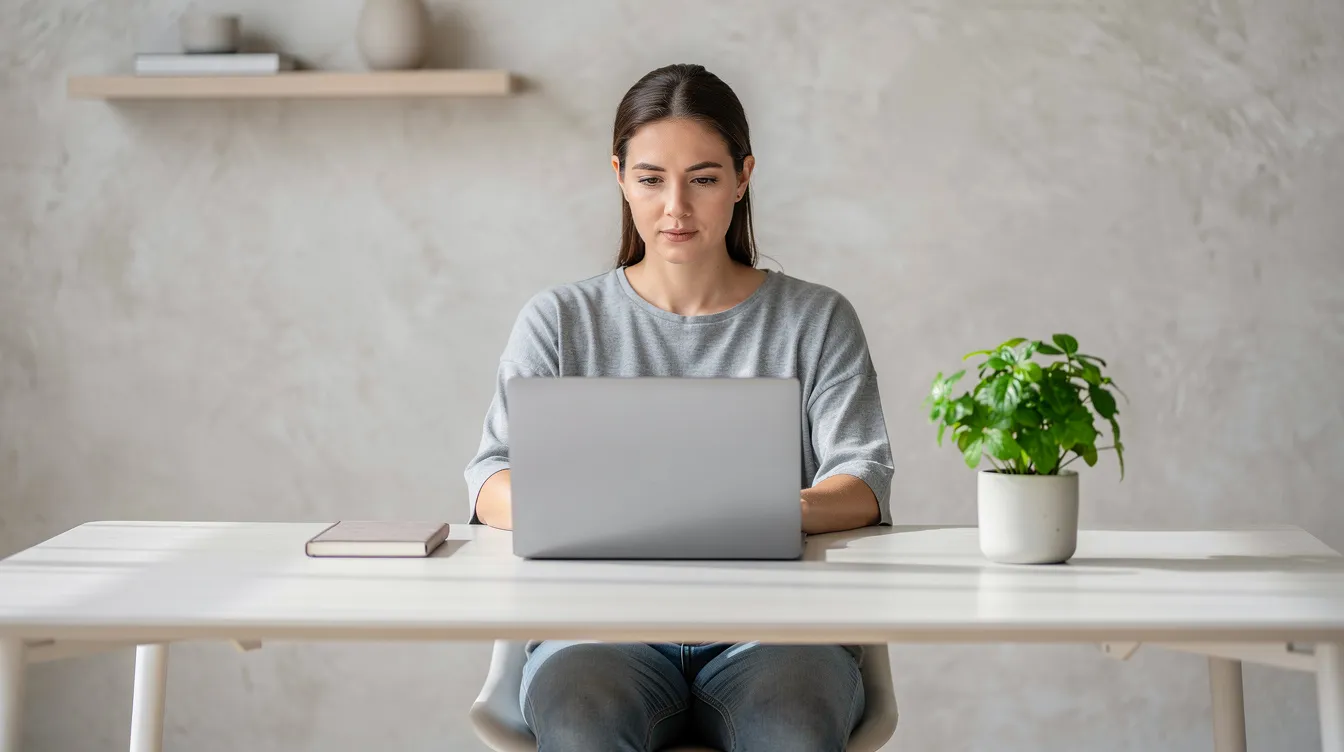 A person working on project files on a laptop at a minimalist desk