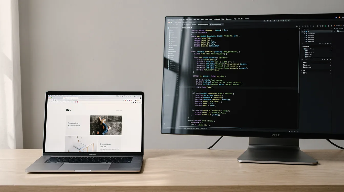 A browser-based coding workspace next to a desktop code editor