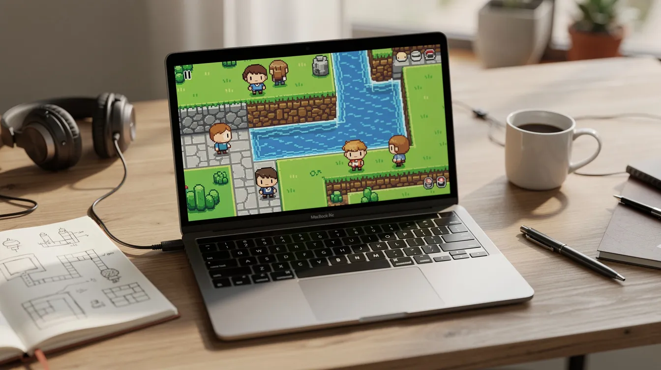 The image depicts a vibrant workspace featuring a laptop displaying a colorful 2D game prototype, showcasing simple pixel art characters and tiles, indicative of the game development process. This setting highlights the creative environment where indie developers can explore their ideas and utilize game creation tools to bring their projects to life.