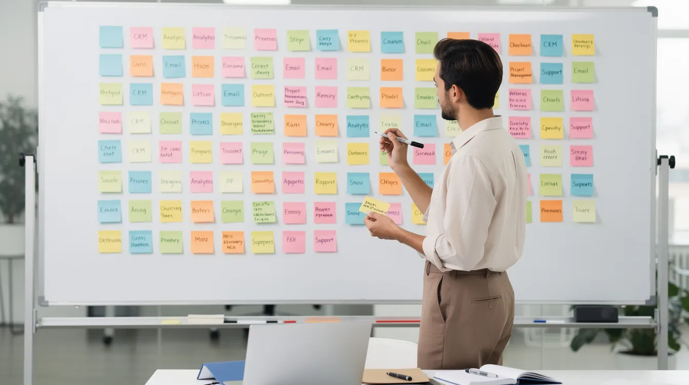 A person comparing software options on a whiteboard of sticky notes
