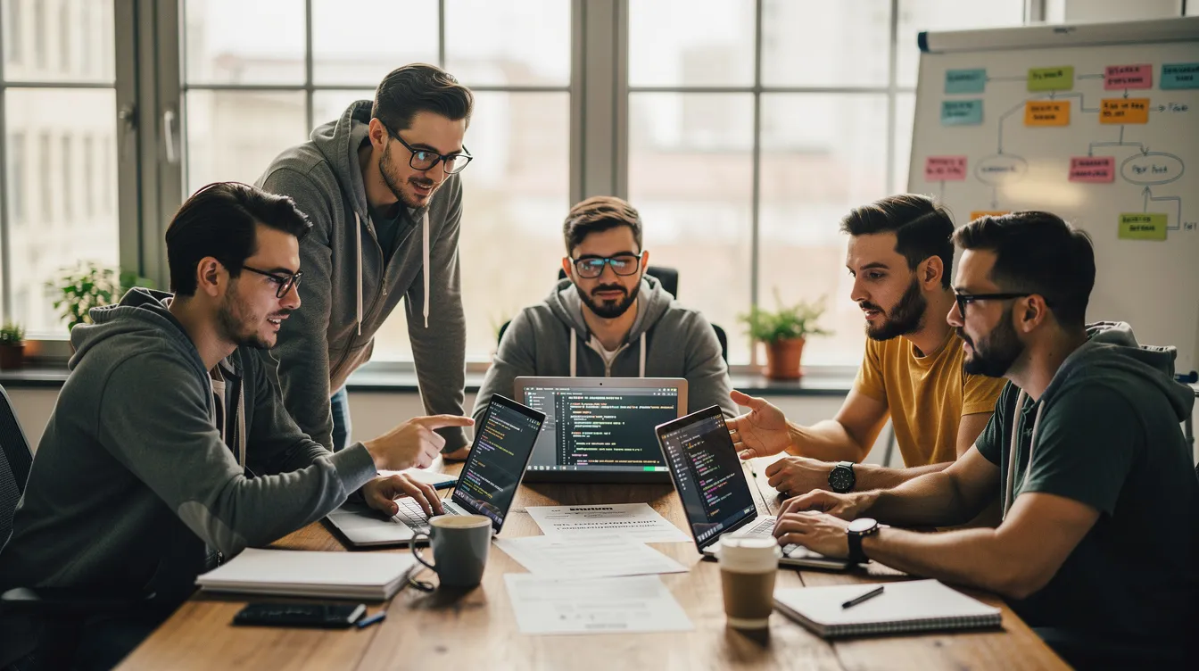 A team of developers discussing code around a table