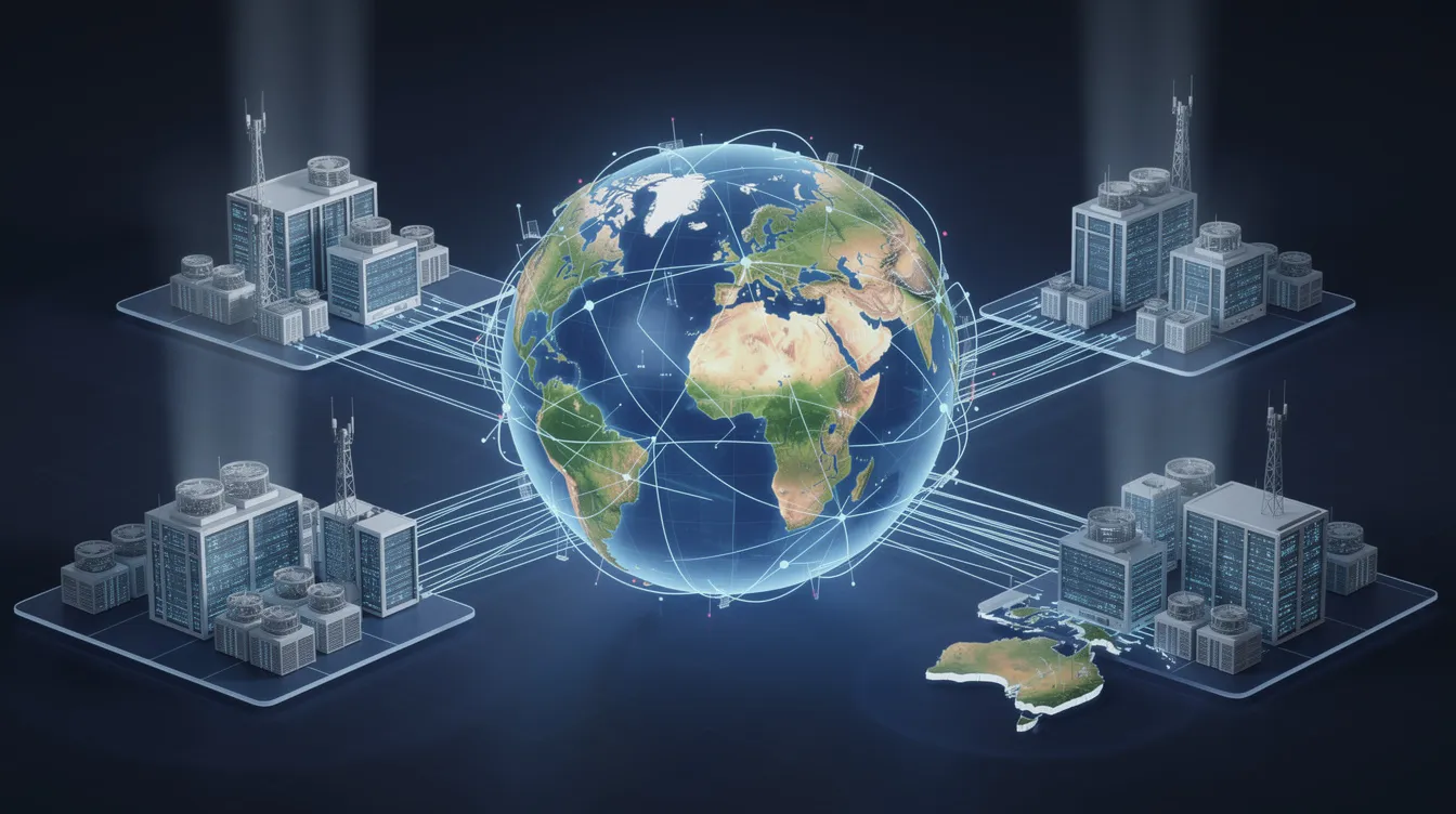 The image depicts a globe interconnected by network lines, with various data center buildings strategically placed in different geographic regions, symbolizing global data flow and connectivity. This visual representation highlights the importance of efficient API usage and the infrastructure that supports production AI systems, emphasizing the role of data residency and token pricing in modern technology.