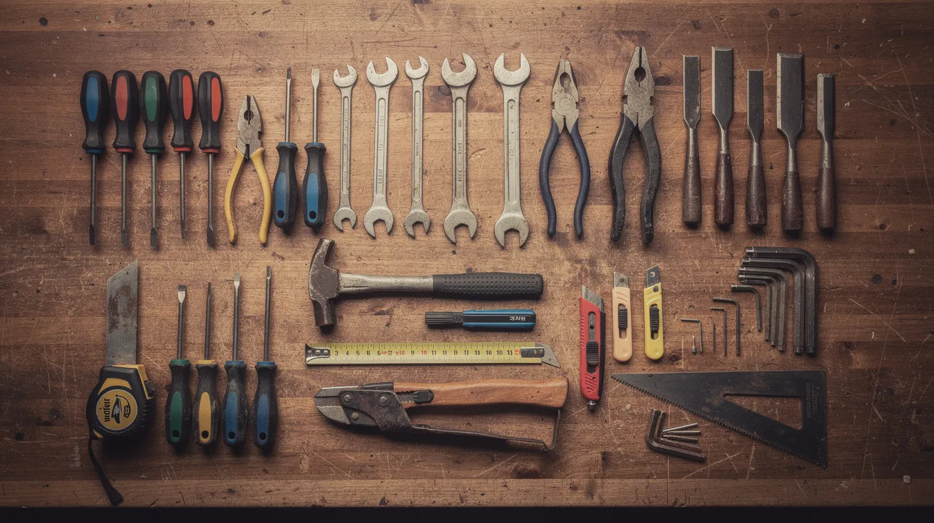 A set of hand tools neatly arranged