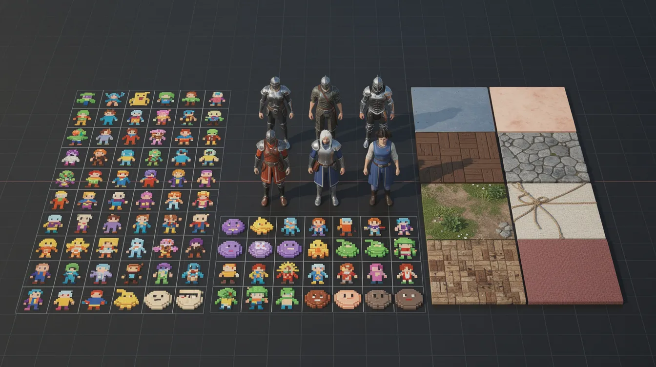 A collection of game sprites, 3D models and textures