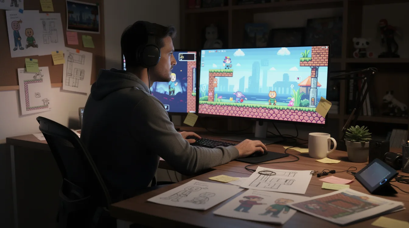 A developer at a desk with a colorful 2D game on screen
