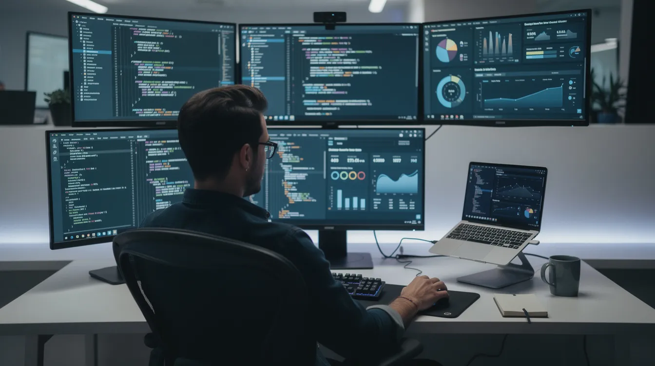 The image shows a person seated at a workstation surrounded by multiple monitors displaying lines of code and dashboard analytics, likely related to API usage and token counts, emphasizing the complexities of managing input and output tokens in production AI systems. The setup suggests a focus on monitoring performance metrics and optimizing costs associated with API pricing and model selection.