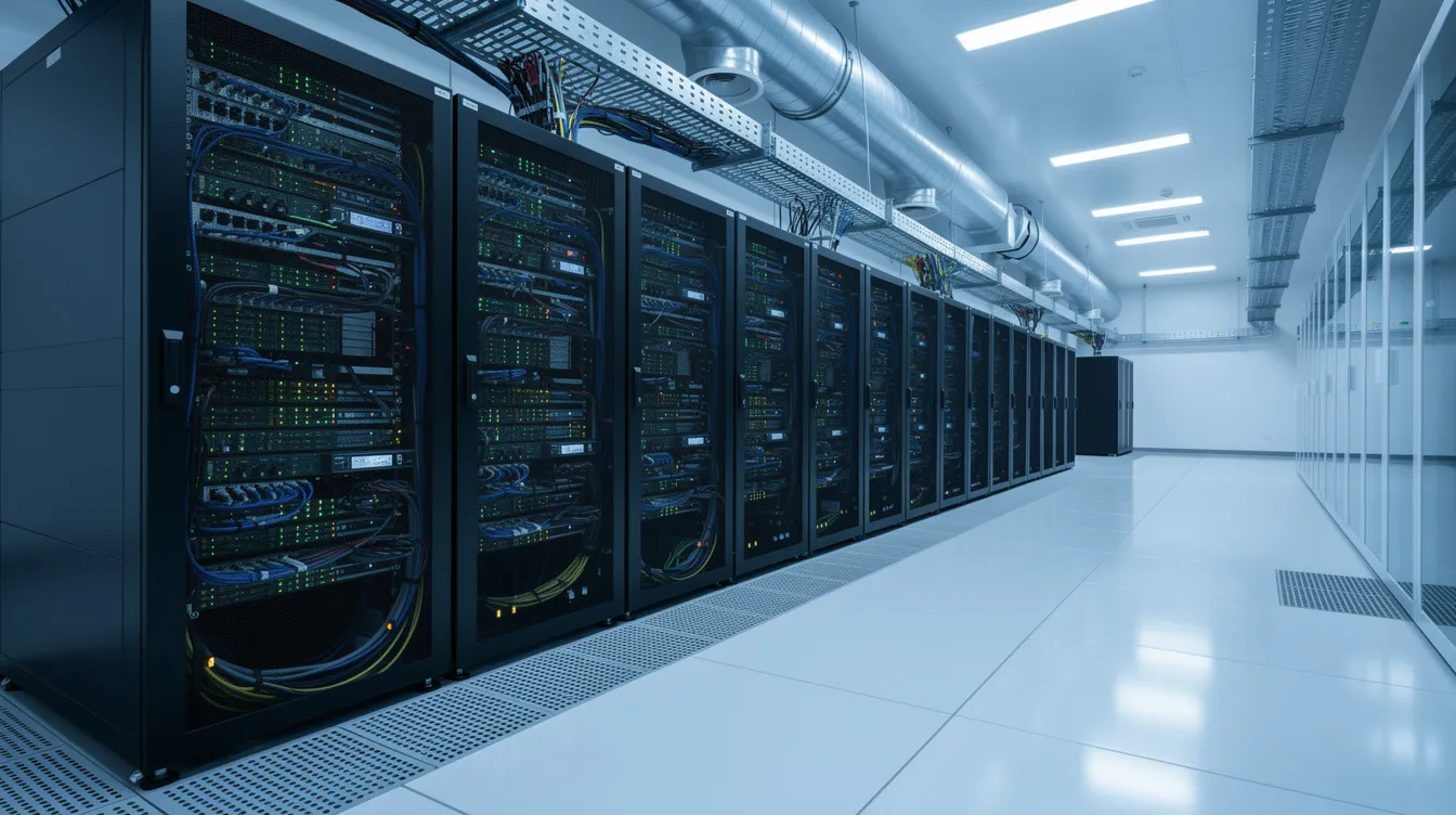 The image depicts a modern data center filled with server racks, each adorned with blinking lights, while advanced cooling systems are visibly integrated to maintain optimal temperature. This environment is essential for housing the latest AI models and reasoning tools, facilitating high-speed data processing and analysis.