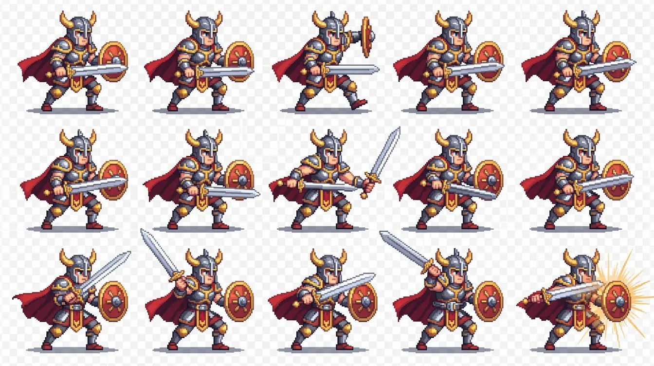 A pixel art sprite sheet of a fantasy warrior in several poses