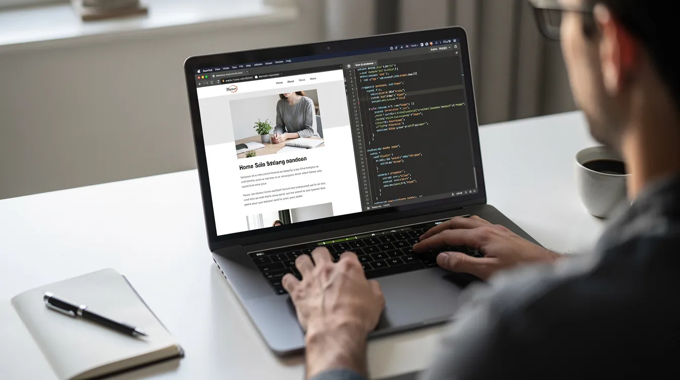 A laptop showing a website preview beside a code editor