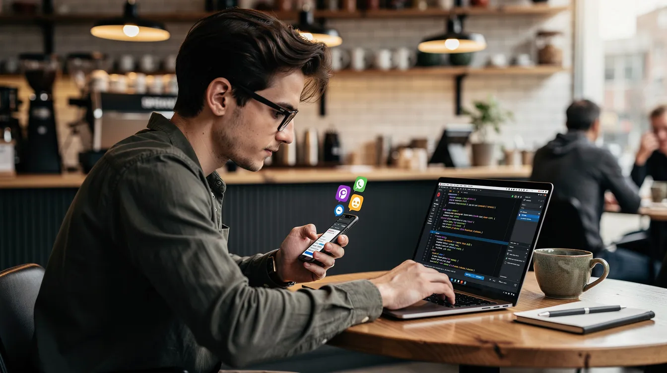 A person is seated at a laptop displaying code, checking notifications on their smartphone in a cozy coffee shop. The scene reflects a blend of technology and daily life, highlighting the use of coding and communication tools in a casual setting.