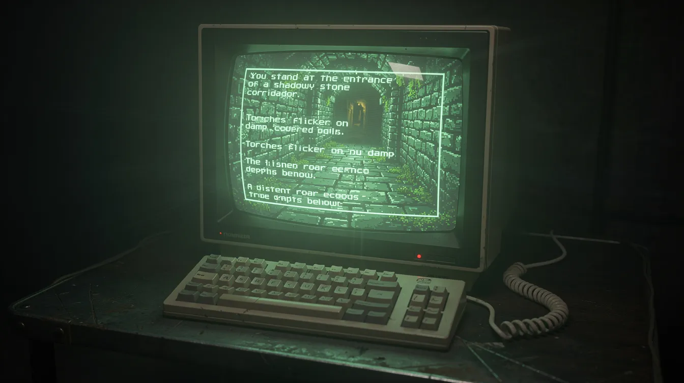 A retro computer terminal showing a text adventure