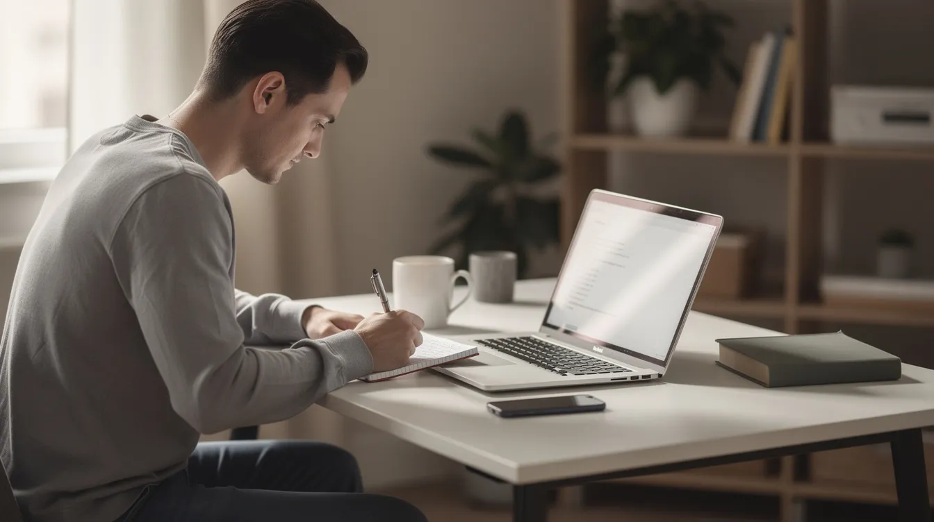 A person is sitting at a desk, diligently writing detailed notes on a notepad, with an open laptop beside them, suggesting a focus on organizing thoughts or planning, potentially related to topics like lovable pricing plans or credit usage. The scene conveys a sense of productivity and engagement with tasks that may involve business plans or project management.