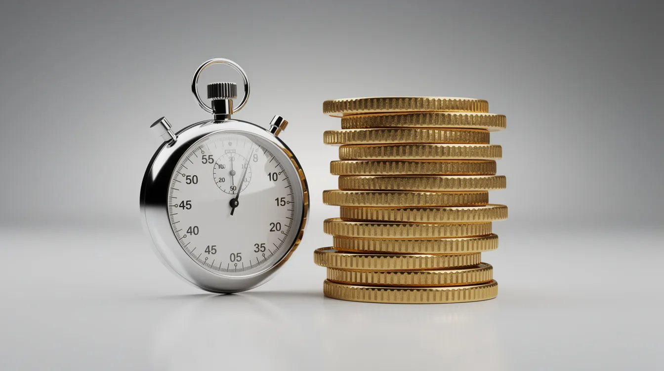 The image features a stopwatch positioned beside a stack of coins, symbolizing the trade-offs between speed and cost in project management. This visual representation emphasizes the balance between quick execution, potentially using tools like Claude code or Codex, and the financial implications of such decisions.