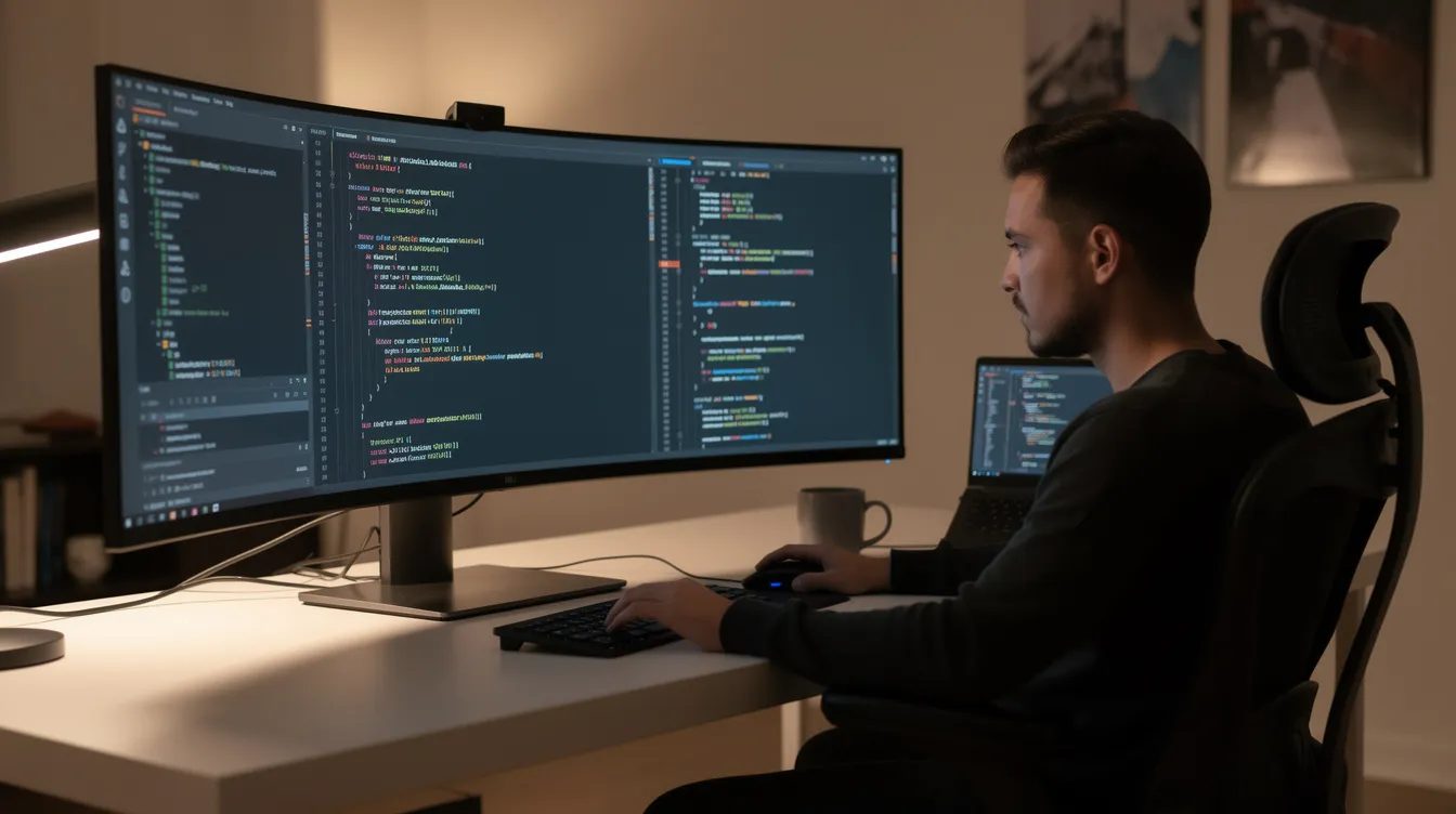 A developer reviewing code on a wide monitor