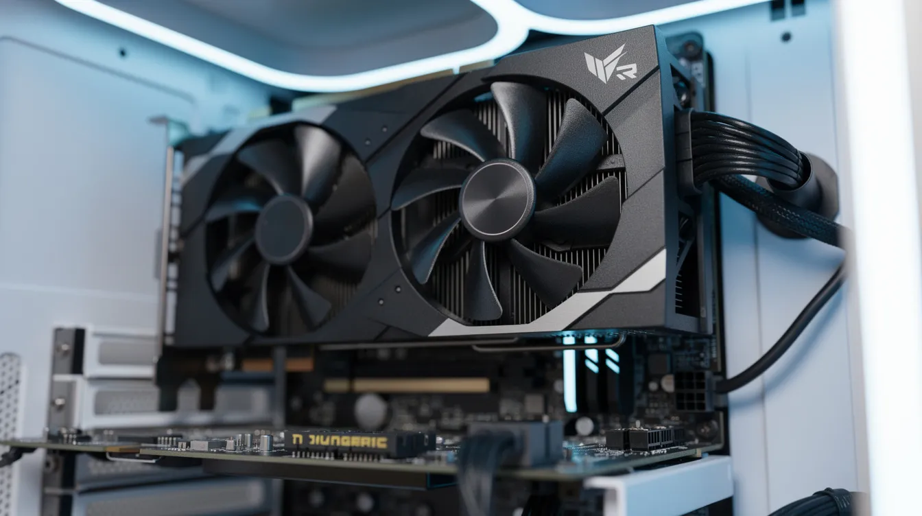 The image shows a close-up view of a modern graphics card installed in a desktop computer, highlighting its intricate design and visible cooling fans. This setup is essential for high-performance tasks in software engineering and coding, especially when utilizing powerful coding models and AI for complex problems.