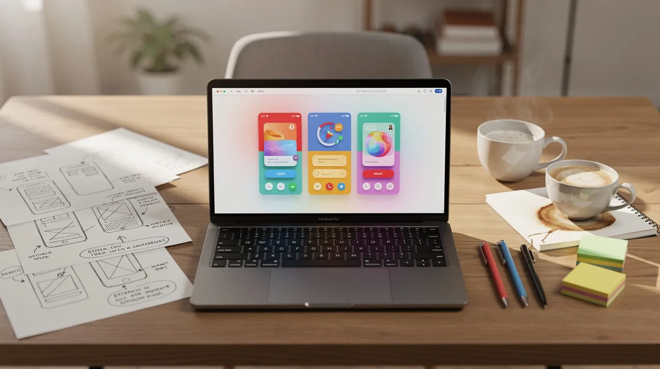 The image depicts a creative workspace featuring a laptop displaying a colorful app prototype alongside sketches and coffee cups on a wooden desk, ideal for business professionals looking to build AI-powered apps for iOS and Android. This setup reflects a productive environment for creating functional apps and internal tools while enjoying a moment of inspiration.