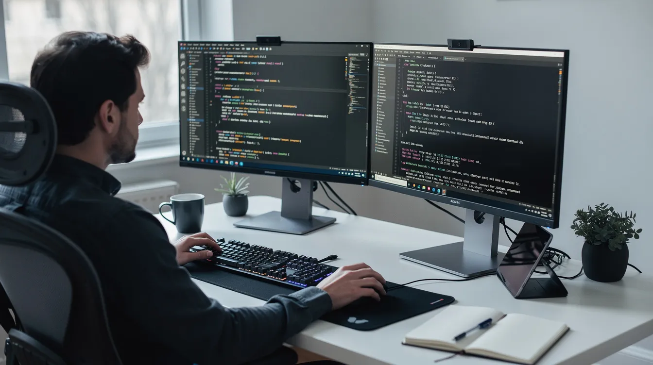 A developer is seated at a desk, focused on dual monitors displaying lines of code and a terminal window, showcasing their engagement in complex tasks related to software development. This scene highlights the use of advanced AI tools to enhance performance and efficiently manage coding tasks.