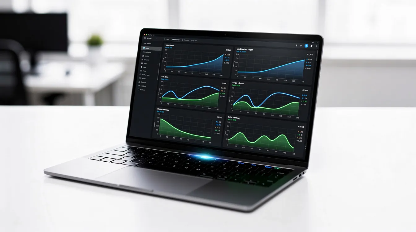 A laptop showing a system monitor with CPU and memory usage graphs