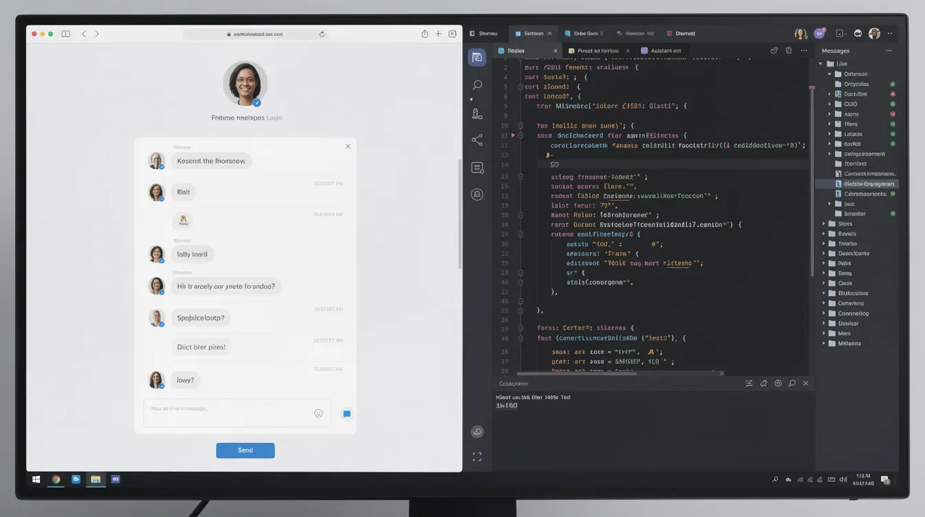 A chat-based builder beside a full code editor with a file tree