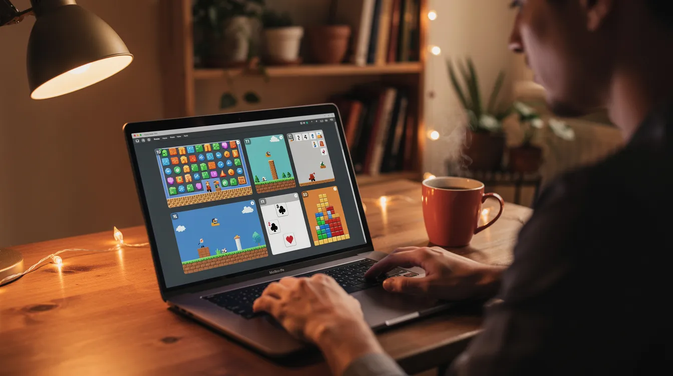 A person at a laptop showing several small game prototypes