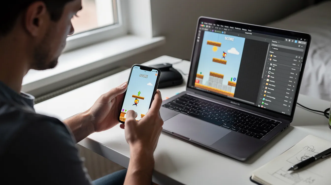 A person is playtesting a simple mobile game on their phone, while a laptop nearby displays the game editor, showcasing the tools used for game development. This scene highlights the hands-on experience of indie developers as they create and test their current project in the gaming industry.