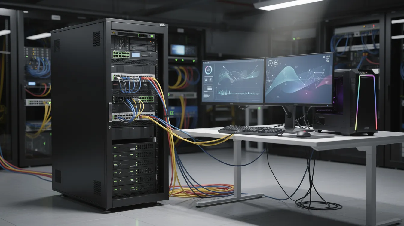 The image depicts a cloud server rack alongside a local desktop workstation, featuring several monitors and tangled cables. This setup illustrates the integration of cloud-based solutions, such as Claude code and Codex, with local computing resources for enhanced coding and project management capabilities.